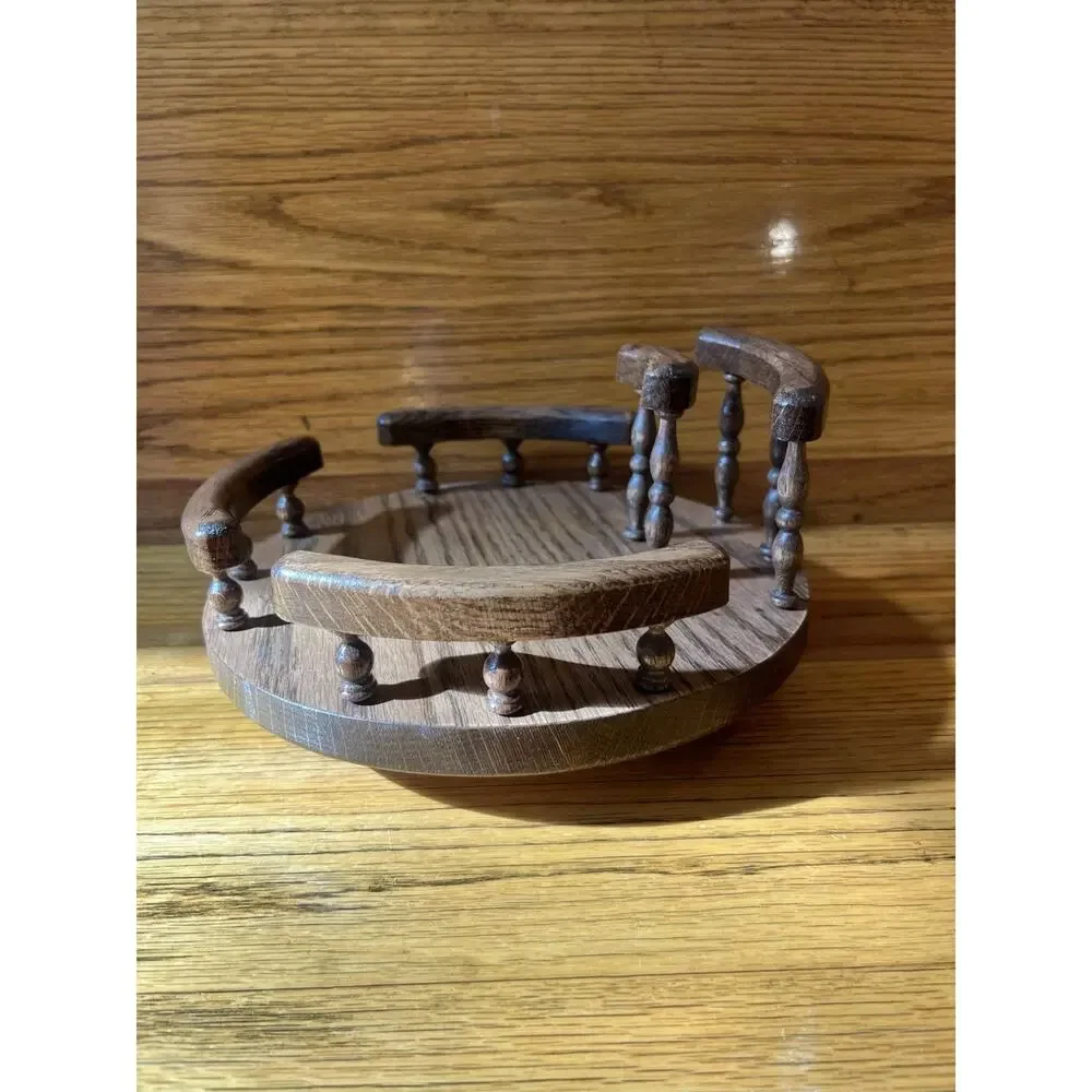 Vintage Handmade Wood Lazy Susan Spindle Rail Round Serving Tray Signed M.S.